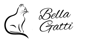 A minimalist black outline drawing of a sitting cat faces right. To the right of the cat, elegant cursive text reads &ldquo;Bella Gatti&rdquo; on a light gray background. The design conveys a sense of sophistication and grace.