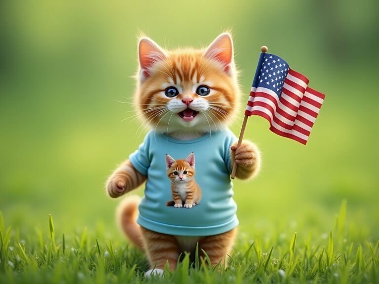 A cute orange kitten stands on grass, holding a small American flag. The kitten wears a light blue shirt featuring an image of another kitten. The background is softly blurred, with green hues, giving a cheerful, patriotic vibe.