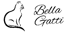 Simple black minimalist cat drawing of a sitting cat facing left, with the words Bella Gatti in elegant, cursive script to the right. The background is light gray&mdash;perfect as an elegant cat logo.