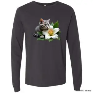 Gray shirt with cat and flower design.