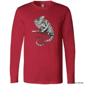 Red shirt with chameleon design on branch.