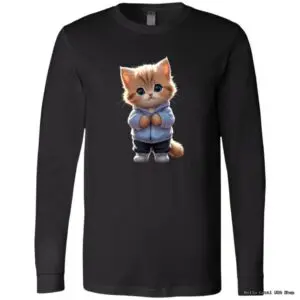Black shirt with cute cartoon cat illustration.