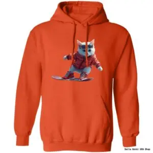 Orange hoodie with skiing cat illustration design.