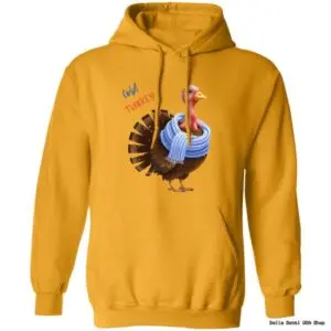 Yellow hoodie with turkey wearing blue scarf design