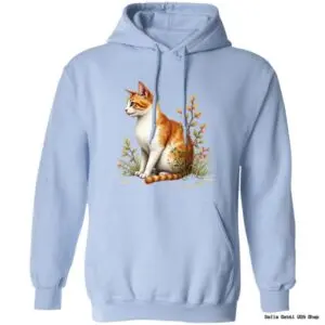 Blue hoodie with cat illustration.