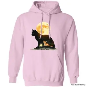 Pink hoodie with cats and moon illustration.