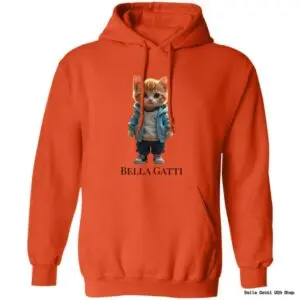 Orange hoodie with cartoon cat design