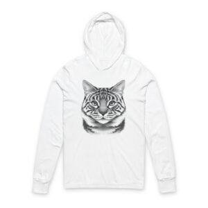 Cat Face Hooded Long Sleeve Tee. White hoodie with a detailed cat face design on the front.