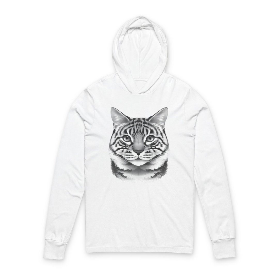 Cat Face Hooded Long Sleeve Tee. White hoodie with a detailed cat face design on the front.