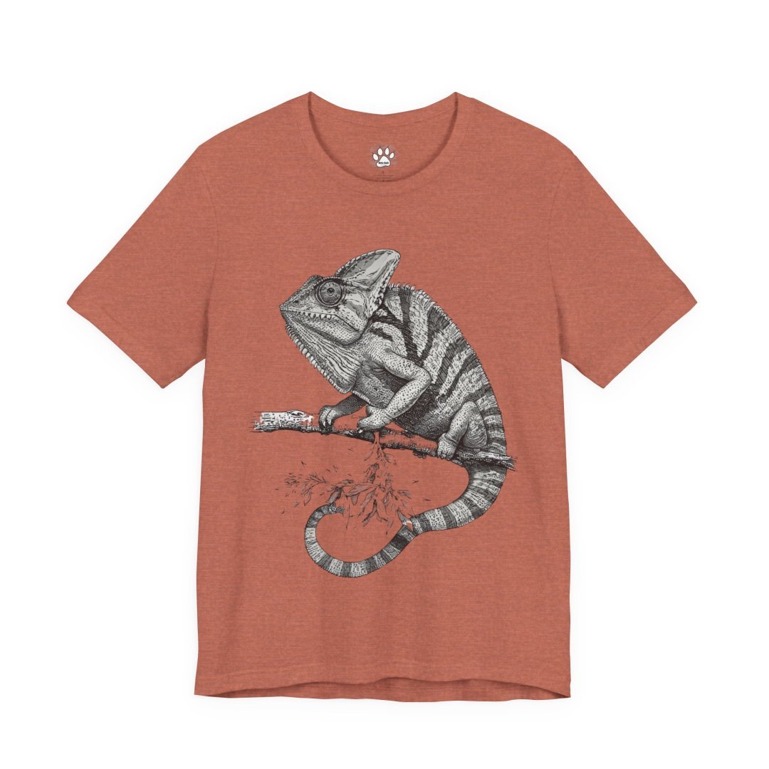 10060412036027943353_2048.jpeg Rust-colored t-shirt with a detailed chameleon illustration.