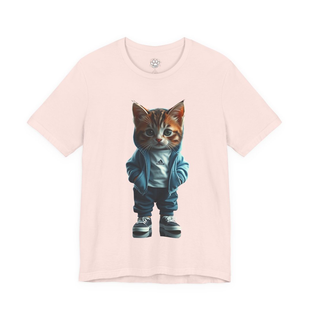 10324134503349708535_2048.jpeg T-shirt with a cute kitten wearing a hoodie and sneakers.