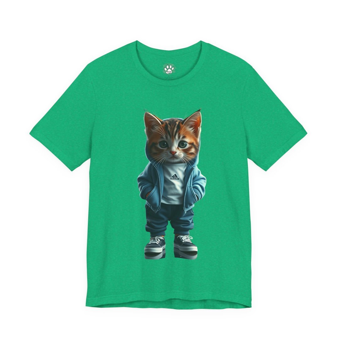 10541191298659950810_2048.jpeg Green t-shirt with a cute kitten wearing a hoodie and sneakers.