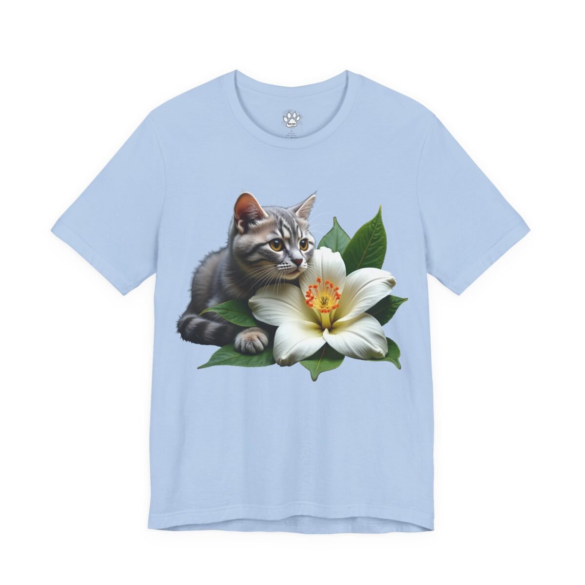1069817829432772786_2048.jpeg Light blue t-shirt with a grey tabby kitten and white lily graphic.