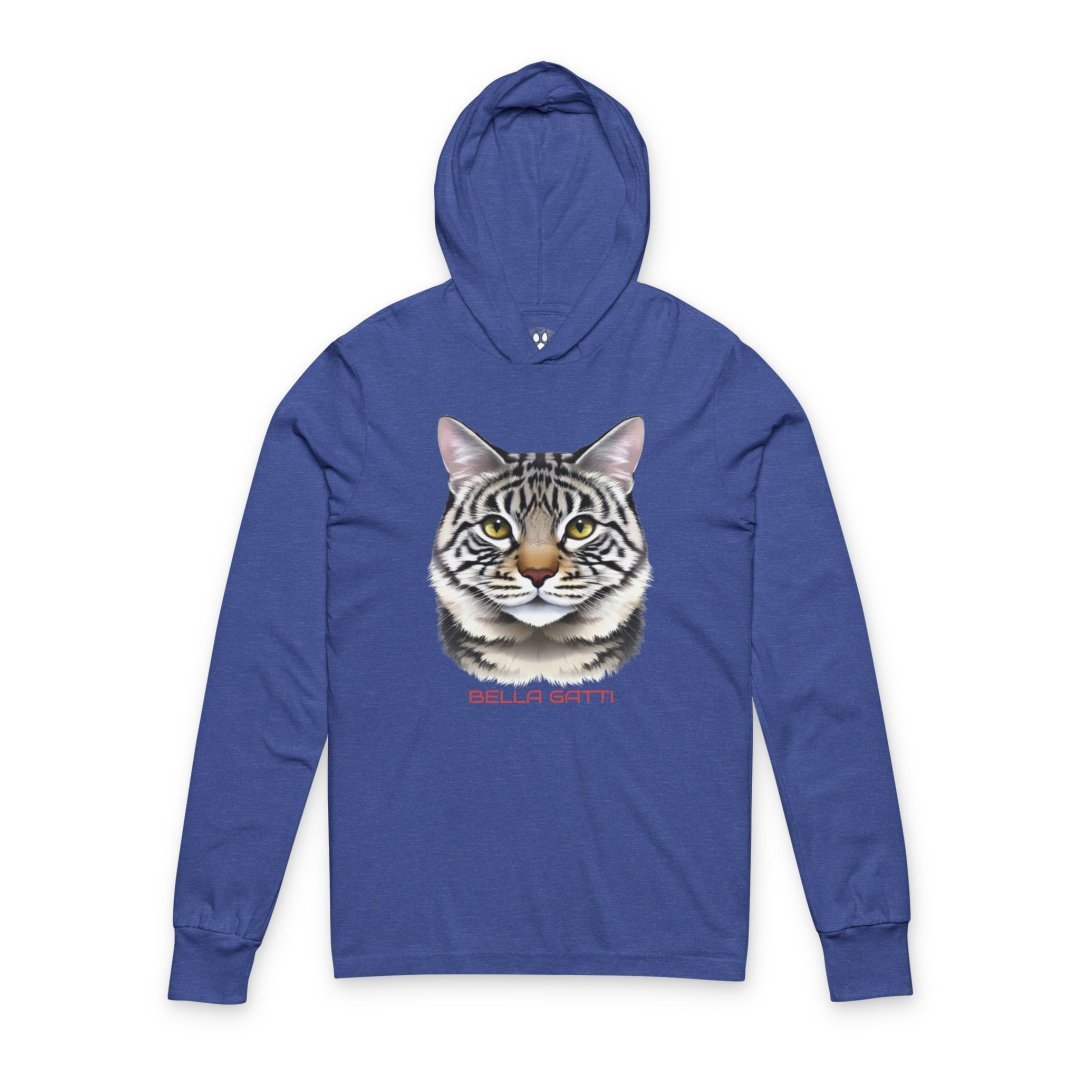 10945376251172565869_2048.jpeg Blue hoodie with a realistic cat face design and 'Bella Gatti' text.