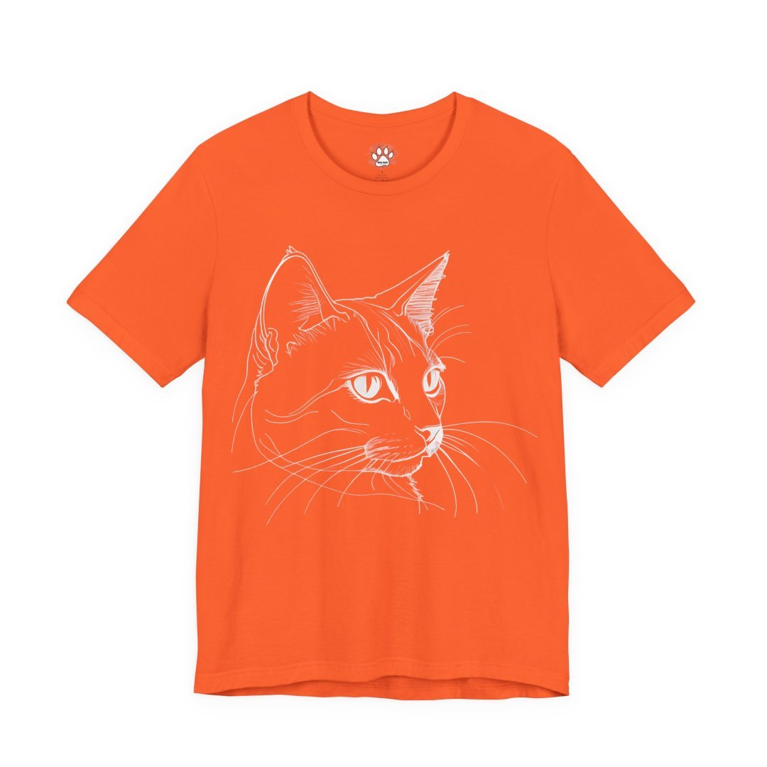 1096262065777659740_2048-1.jpeg Orange t-shirt with a white line drawing of a cat's face.