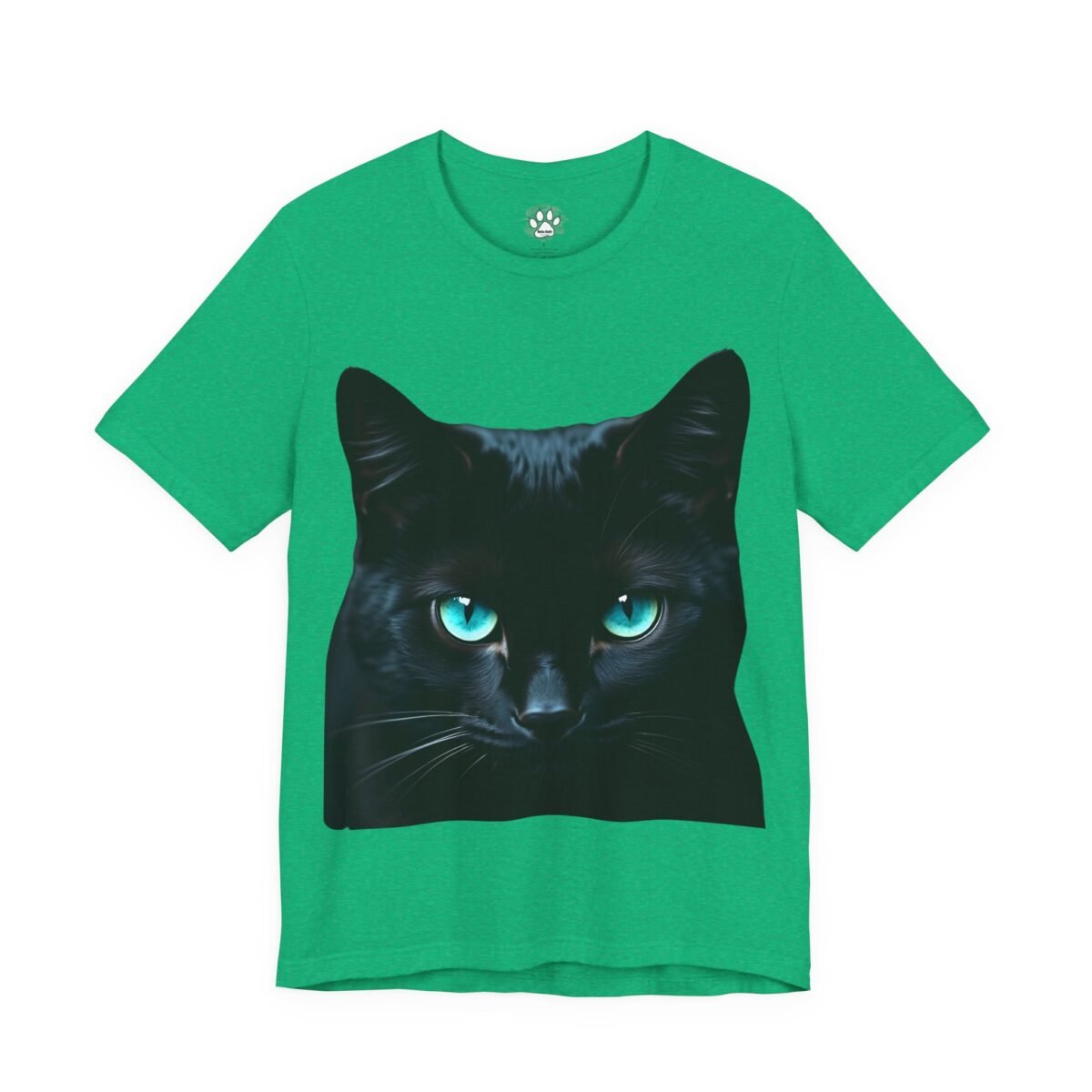 11110477501659256851_2048.jpeg Green t-shirt with a black cat's face and blue eyes.