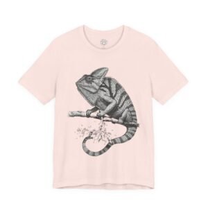 Shellmates: Kitten & Snail Unisex Graphic T-Shirt Pink t-shirt with a detailed chameleon illustration. Chameleon Unisex Graphic T-Shirt
