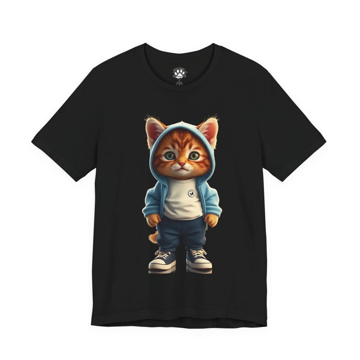 Black t-shirt featuring a cartoon orange kitten wearing a blue hoodie. Cute Kitten Graphic Unisex T-Shirt