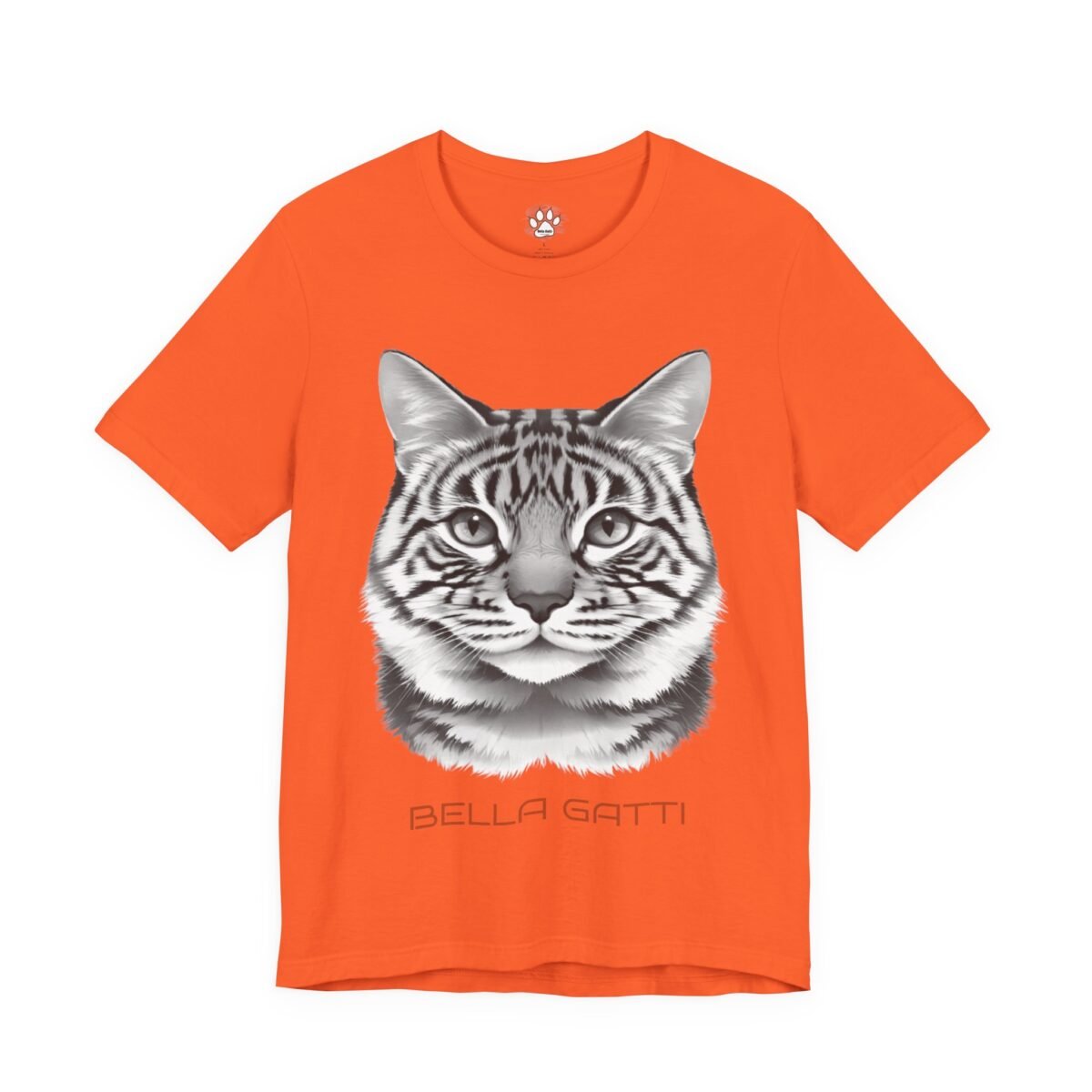 11626737882281402882_2048.jpeg Orange t-shirt featuring a realistic gray striped cat face and "BELLA GATTI" text.