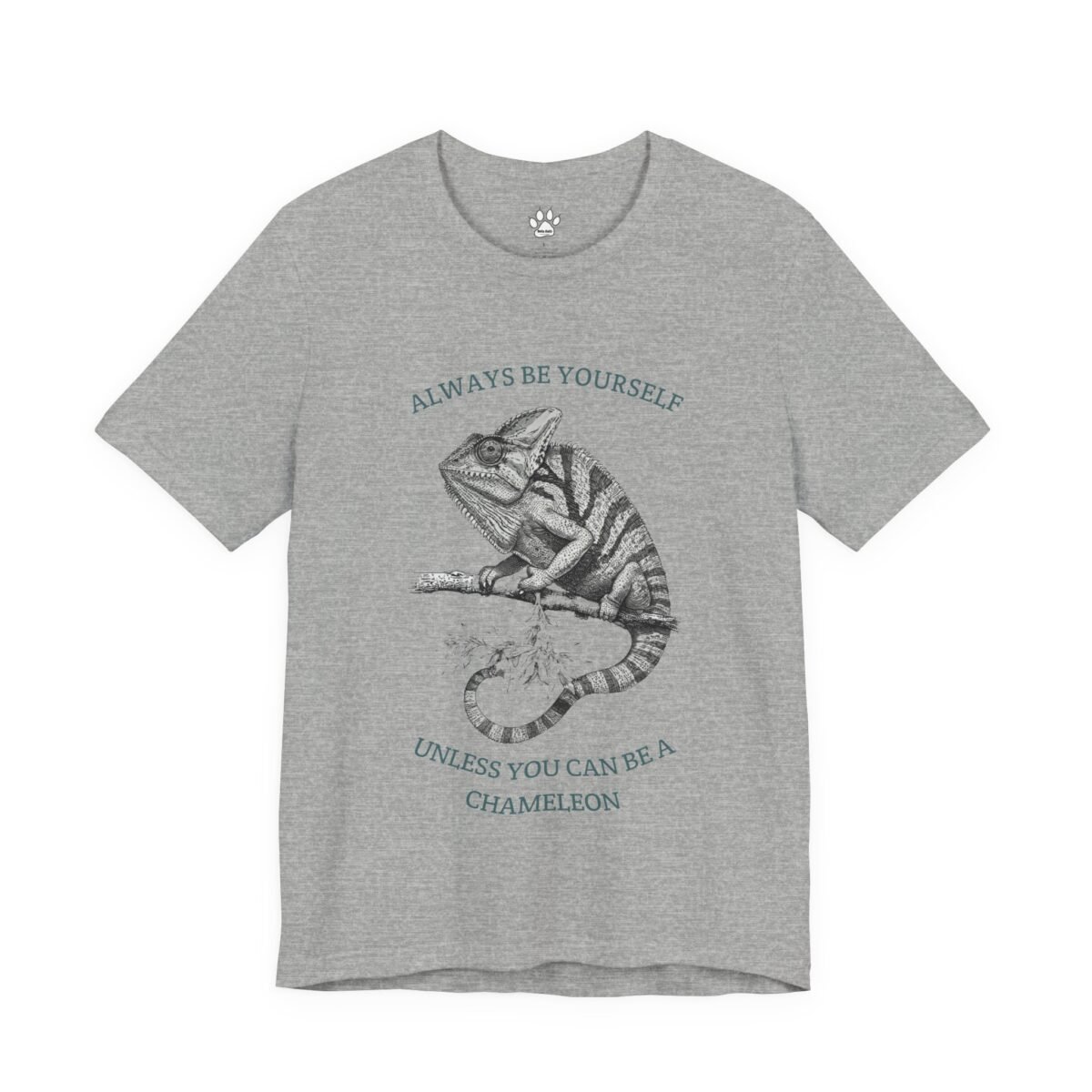 11793417841848346729_2048.jpeg Grey t-shirt with a chameleon illustration and the text "Always be yourself unless you can be a chameleon."