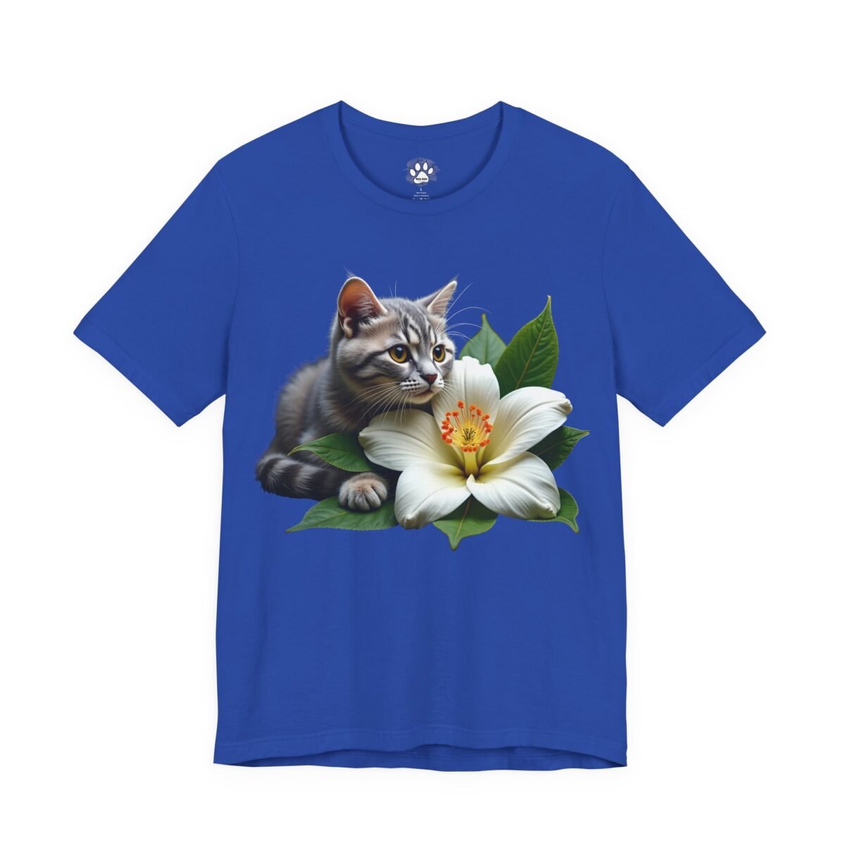 11853999629989921619_2048.jpeg Blue t-shirt with a gray tabby kitten and a white flower.