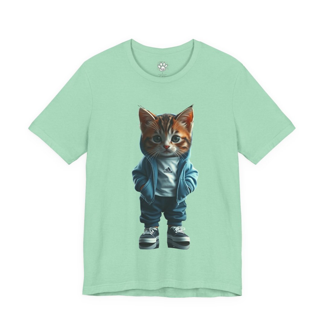 12008634709626098214_2048.jpeg T-shirt with a cute cat in a hoodie and sneakers design.