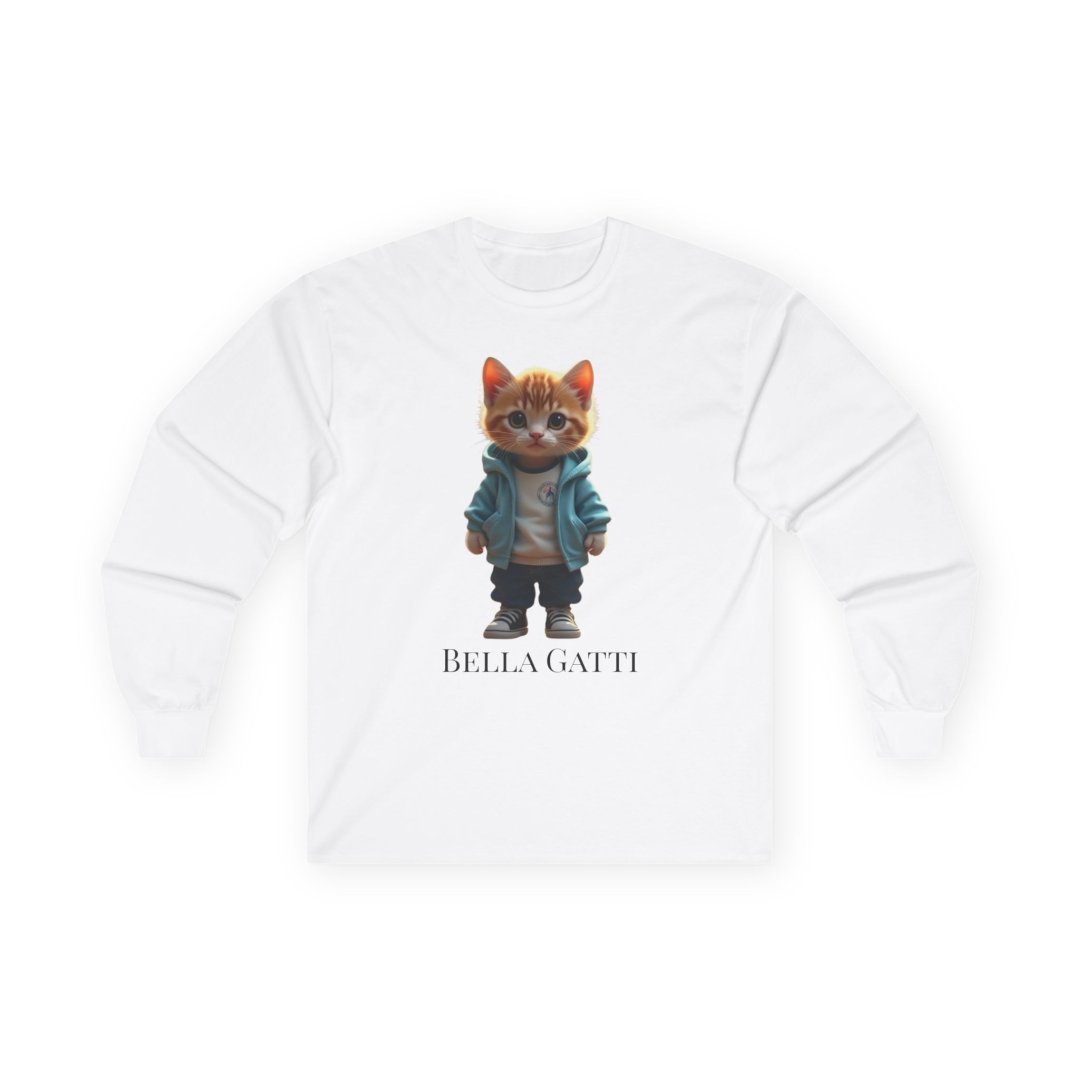 12368685389386614981_2048.jpeg White long-sleeve shirt with a cute cat wearing a jacket and jeans.