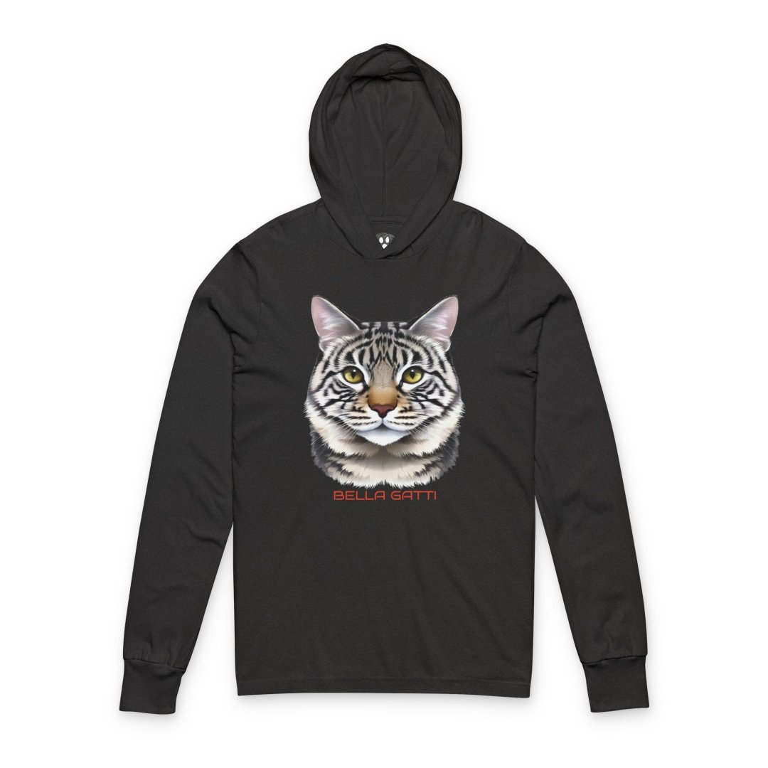1268142300447885638_2048.jpeg Black hoodie with a realistic cat face and Bella Gatti text.