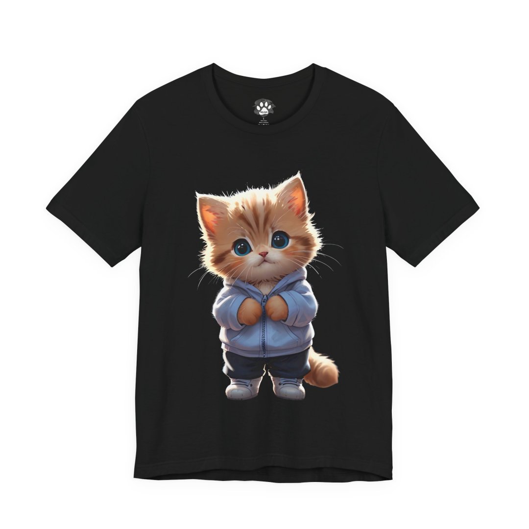 Black t-shirt with a cute kitten in a hoodie design. Cozy Cute Kitten Graphic T-Shirt