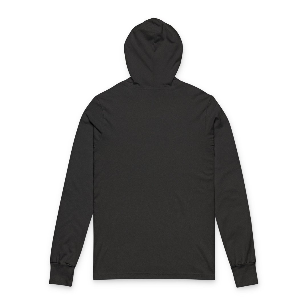12908170032965126039_2048.jpeg Back view of a black hooded sweatshirt with long sleeves.