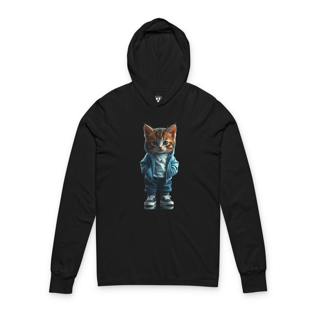 1297769583224177508_2048.jpeg Black hoodie with a cute cat wearing a blue jacket and sneakers.