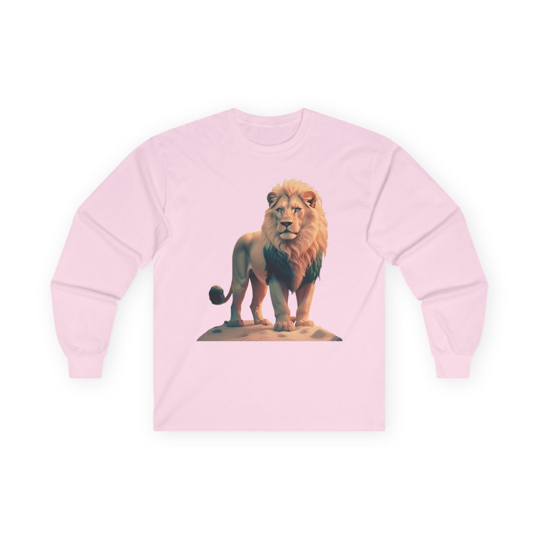 13112292765043653221_2048-1.jpeg Light pink long-sleeve shirt with a graphic of a blonde lion with a green mane and blue eyes.