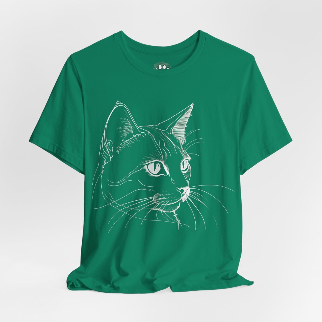 13272002857885567668_2048-1.jpeg Green t-shirt with a white line drawing of a cat's face.