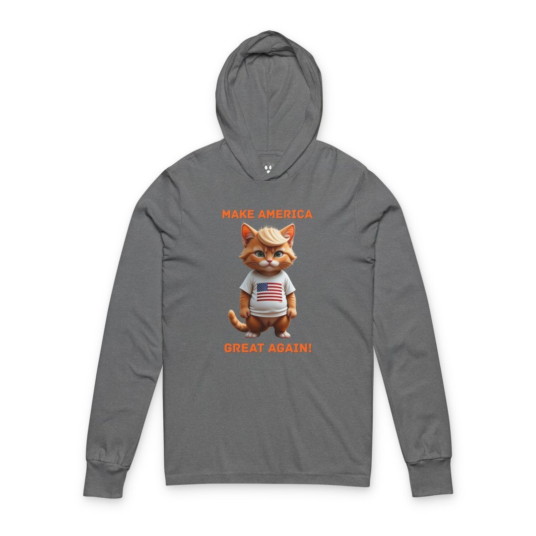Gray hoodie with a cartoon cat wearing a USA shirt and 'Make America Great Again' text.