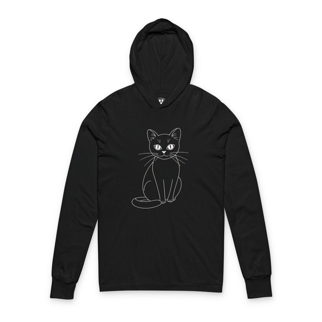 White Line Art Cat Hooded Long Sleeve Tee