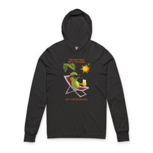 Charcoal black Birdie Beach Chill Hooded Long Sleeve Tee featuring a cartoon bird relaxing in a beach chair with sunglasses and a tropical drink under the sun, alongside the funny quote "The Early Bird Gets the Worm... But I Prefer Brunch!" on a lightweight premium cotton hooded shirt.