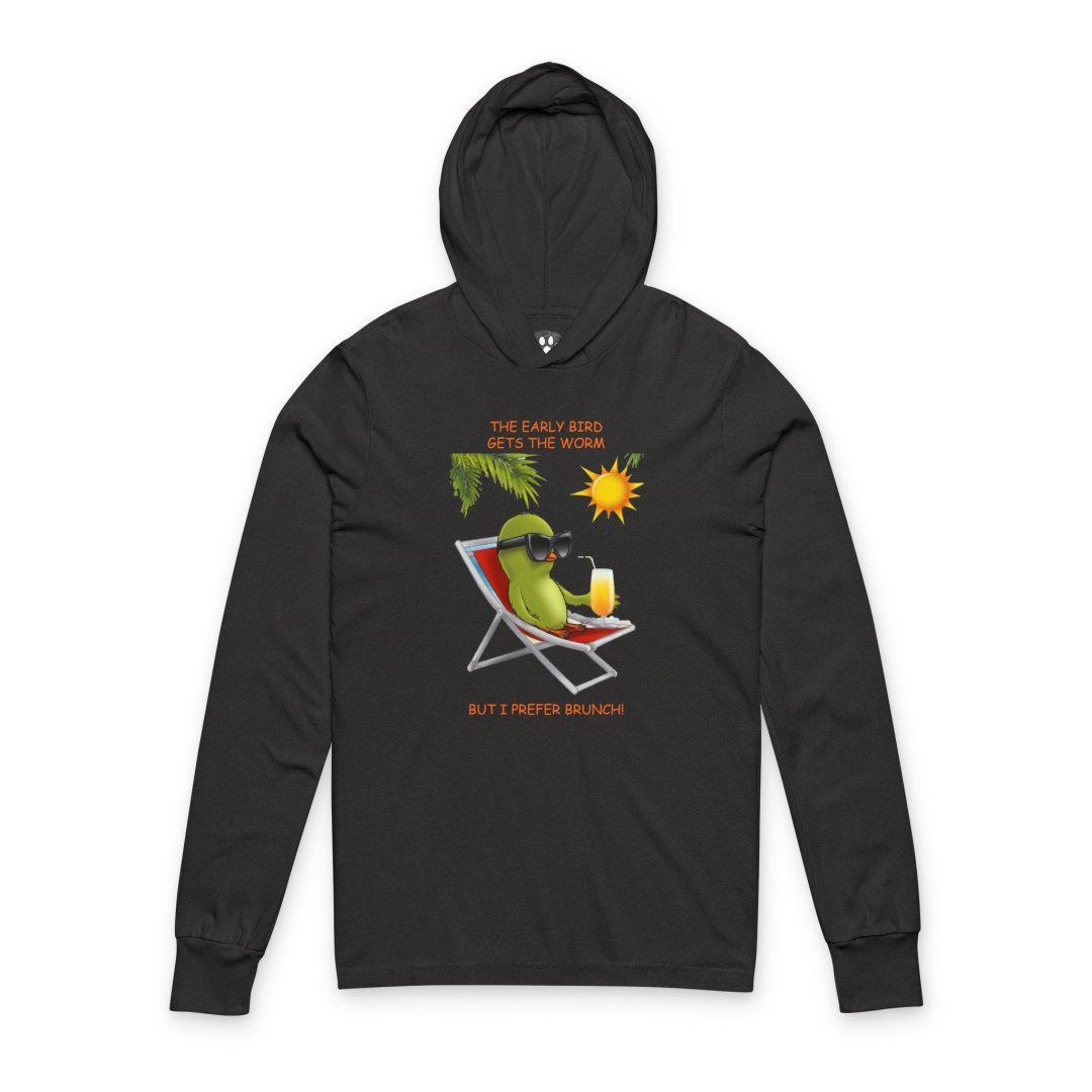 Charcoal black Birdie Beach Chill Hooded Long Sleeve Tee featuring a cartoon bird relaxing in a beach chair with sunglasses and a tropical drink under the sun, alongside the funny quote "The Early Bird Gets the Worm... But I Prefer Brunch!" on a lightweight premium cotton hooded shirt.