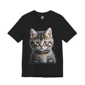 Cute Tabby Kitten Face Graphic Tee. Black t-shirt with a realistic kitten illustration on the front.