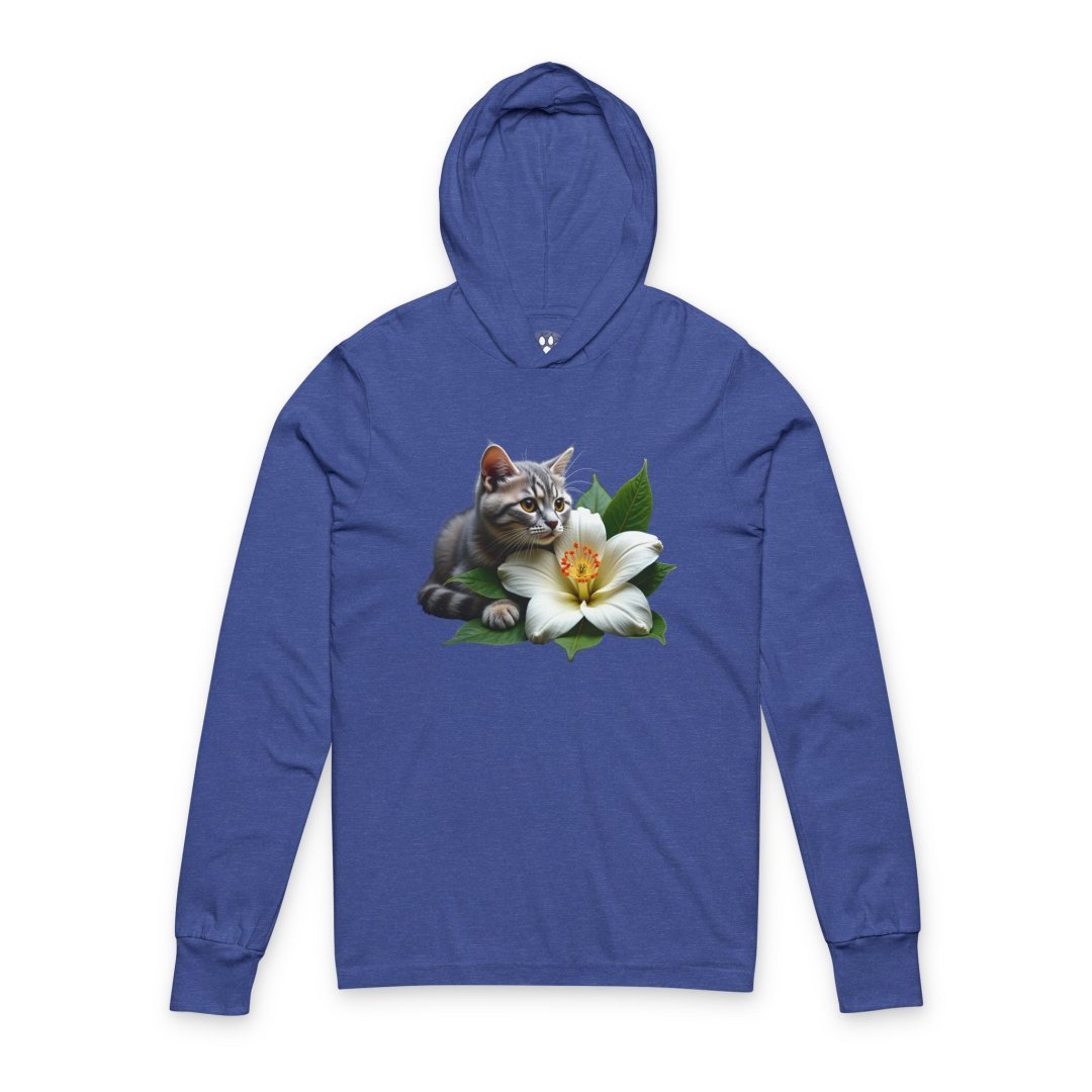 13531574476738455433_2048-1.jpeg Blue hoodie with a kitten and white lily design.