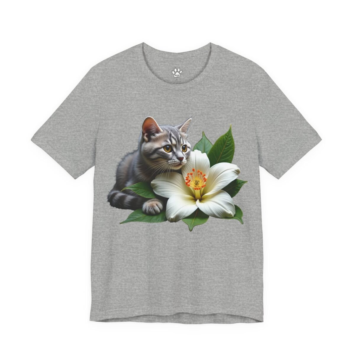 1374290074143399745_2048.jpeg Grey t-shirt featuring a grey striped cat next to a large white flower with an orange center and green leaves.