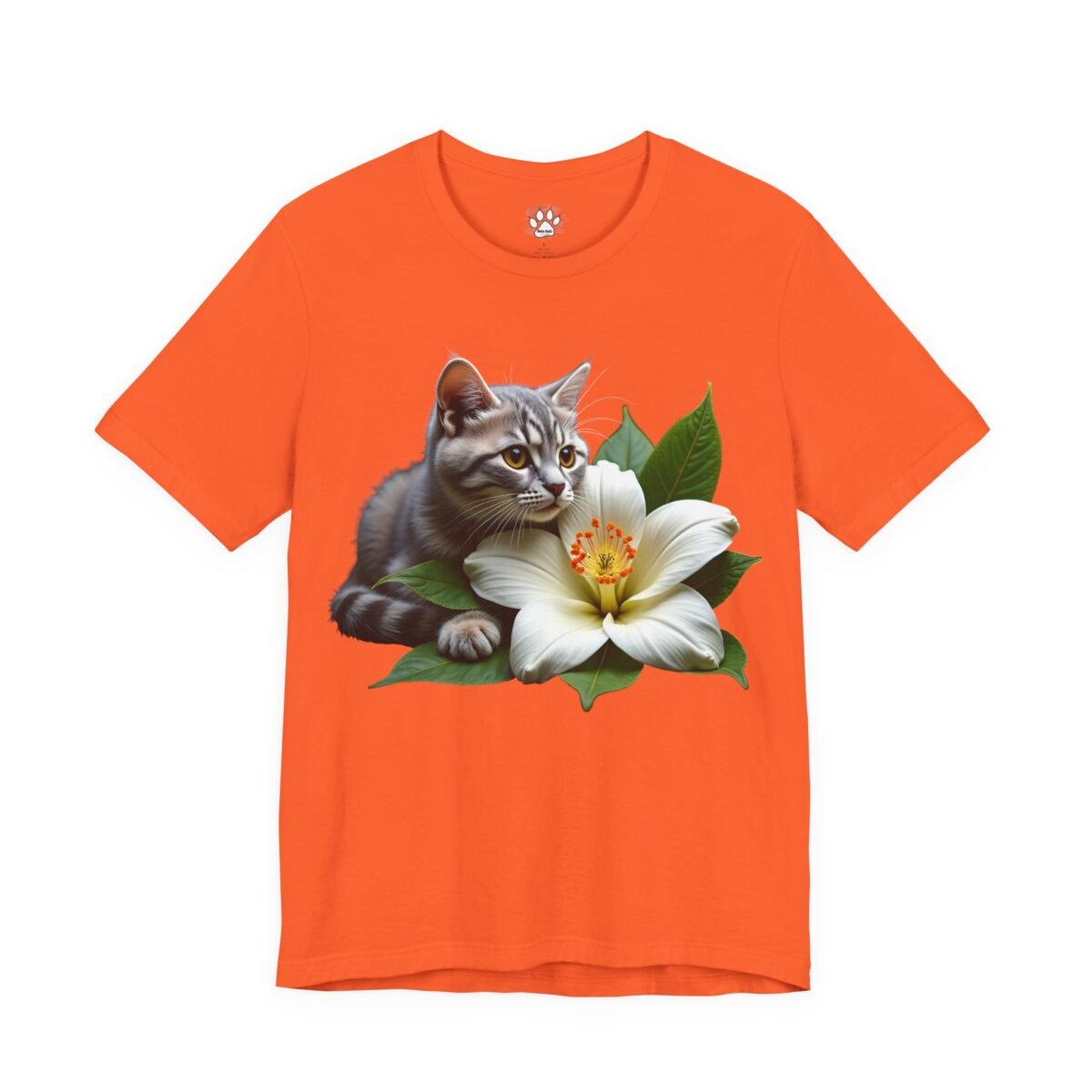 13771930810326716273_2048.jpeg Orange t-shirt with a gray tabby kitten next to a white flower with green leaves.