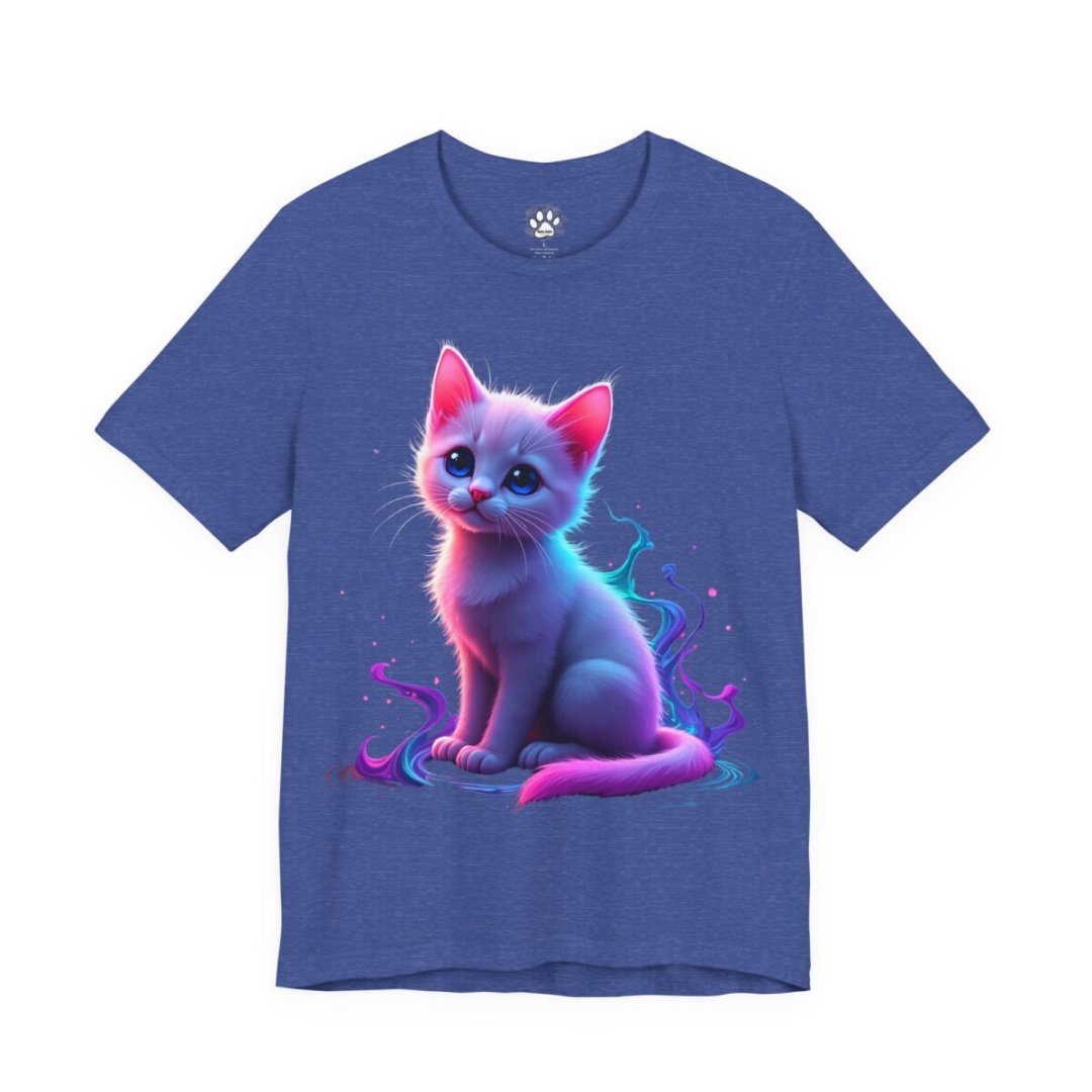 13935452855567362709_2048.jpeg Blue t-shirt with a colorful illustration of a cute kitten.