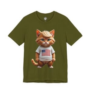 Patriotic Kitty Graphic Tee. Olive green T-shirt with cartoon cat in American flag shirt.