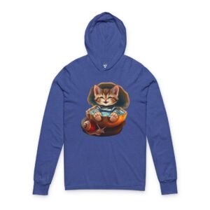 Butterfly Line Art Hooded Long Sleeve Tee Kitten In A Clamshell Graphic Hooded Long-Sleeve Tee. Blue hoodie featuring a cute kitten in a teacup design.