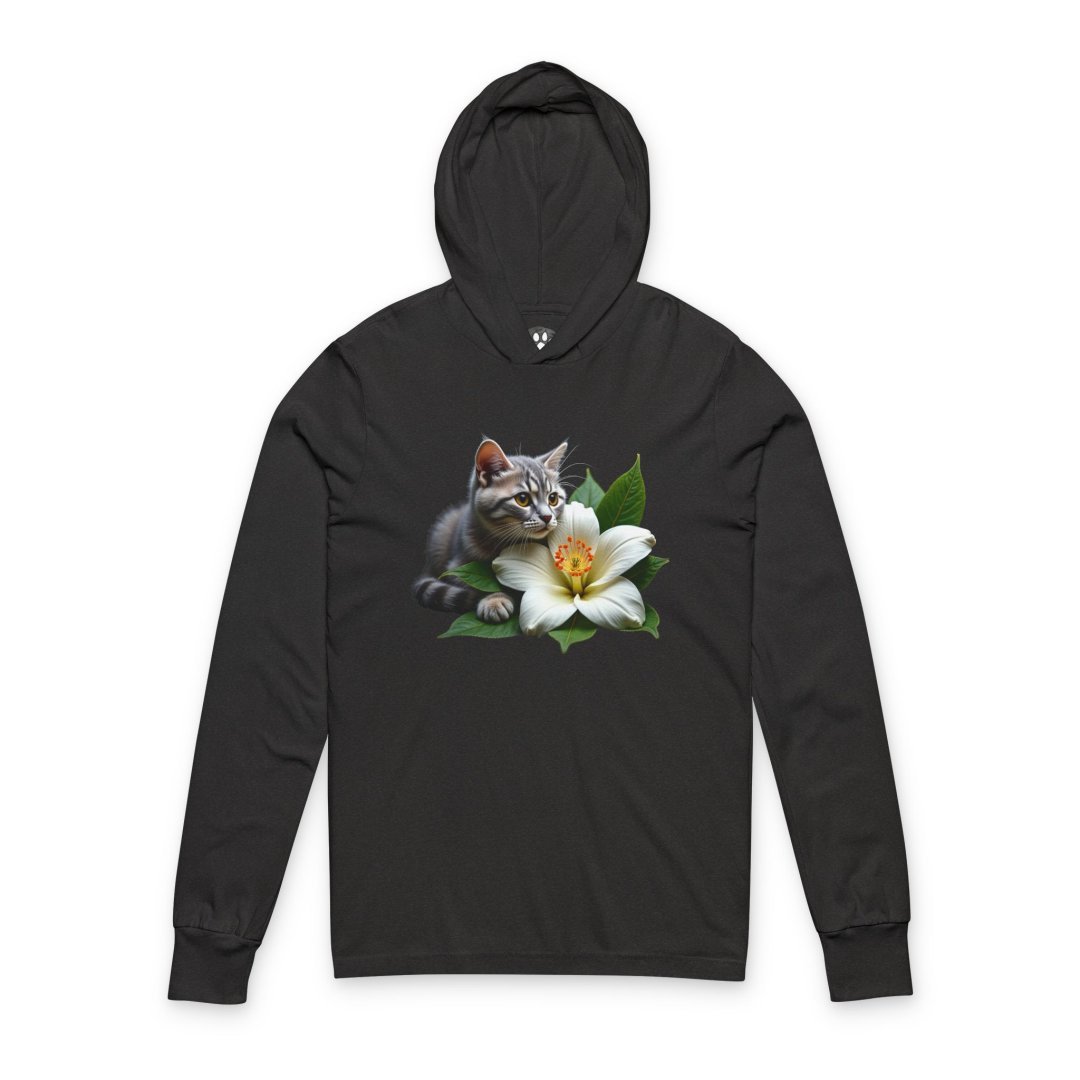14426665603284689672_2048-1.jpeg Black hoodie with a kitten and lily flower design on the front.