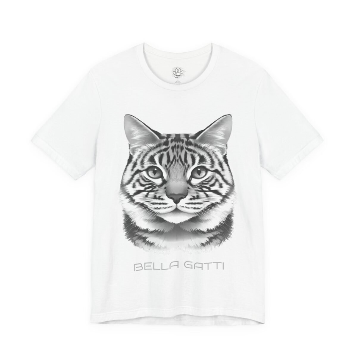 14571842045023712476_2048.jpeg White t-shirt with a grayscale tabby cat face and "BELLA GATTI" text.