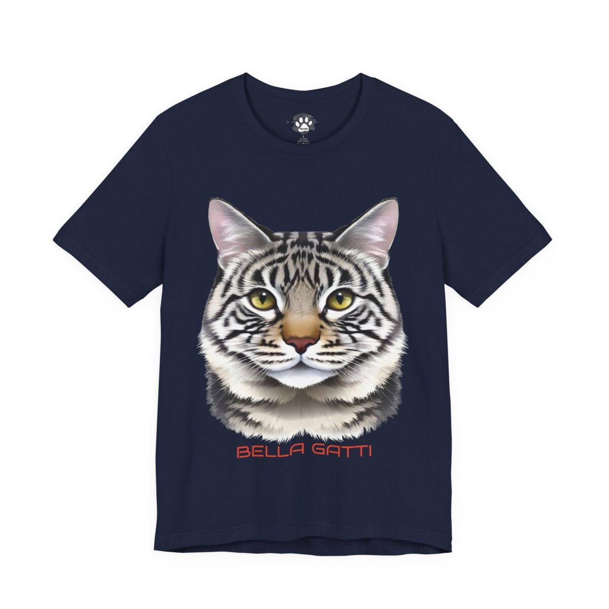 14586066669708698729_2048-1.jpeg Navy blue t-shirt with a realistic striped cat head and "BELLA GATTI" in red.