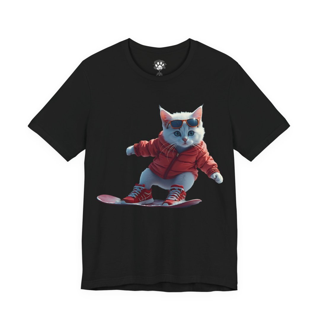 Snowboarding Kitty Graphic Tee. T-shirt with a cute cat in a red jacket skateboarding.
