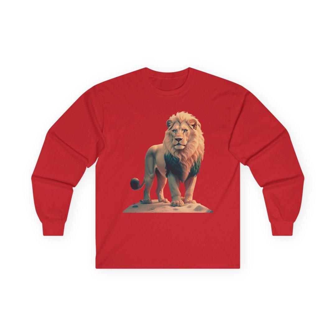 14998667895139068388_2048-1.jpeg Red long-sleeve shirt with a graphic of a white lion with a dark mane.
