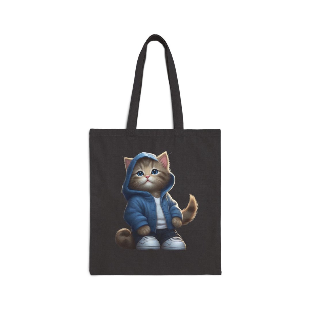 Blue Hoodie Kitty Tote Bag. Cute cat in a blue hoodie on a black tote bag.